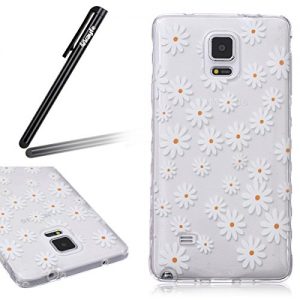 Samsung Galaxy Note 4 Case, Samsung Galaxy Note 4 Transparent Silicone Cover, Ukayfe Ultra Thin Clear Soft Gel TPU Silicone Case Cover with White Little Daisy Flower Pattern for Samsung Galaxy Note 4 with 1 x Black Stylus