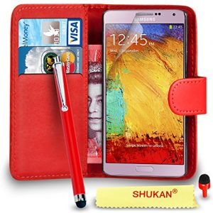 Samsung Galaxy Note 3 Premium Leather Red Wallet Flip Case Cover Pouch + Big Touch Stylus Pen + RED 2 IN 1 Dust Stopper + Screen Protector & Polishing Cloth SVL2 BY SHUKAN®, (WALLET RED)
