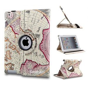 Revesun Leather Case Smart Cover Stand for Apple iPad Mini Purple 360 Rotating Map pattern