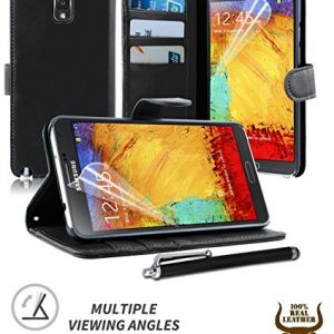 Stylish Protective 100% REAL GENUINE COW LEATHER FLIP CASE POUCH COVER CARD HOLDER WALLET FOR Samsung Galaxy Note 3 III N9000 N9005 + Includes STYLUS PEN + SCREEN PROTECTOR (BLACK)
