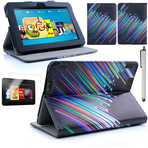 Juju Village New Amazon Kindle Fire HDX 7" 7 inch 2013 PU Leather Front & Back Case / Smart Cover / Typing & Viewing Stand / Flip Case (Fits Versions - 16GB, 32GB & 64GB Wi-Fi + 4G LTE) With Magnetic Sleep Sensor & Screen Protector Shield Guard & Amazon Kindle Fire HDX Tablet Stylus (Shooting Star Stripes) Juju Village New Amazon Kindle Fire HDX 7" 7 inch 2013 PU Leather Front & Back Case / Smart Cover / Typing & Viewing Stand / Flip Case (Fits Versions - 16GB, 32GB & 64GB Wi-Fi + 4G LTE) With Magnetic Sleep Sensor & Screen Protector Shield Guard & Amazon Kindle Fire HDX Tablet Stylus (Shooting Star Stripes)