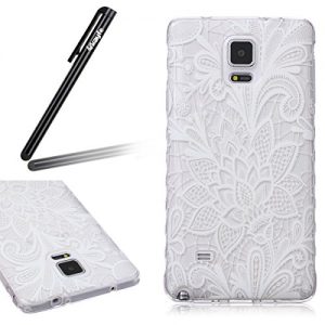 Samsung Galaxy Note 4 Case, Samsung Galaxy Note 4 Transparent Silicone Cover, Ukayfe Ultra Thin Clear Soft Gel TPU Silicone Case Cover with Henna White Floral Paisley Flower Mandala Pattern for Samsung Galaxy Note 4 with 1 x Black Stylus