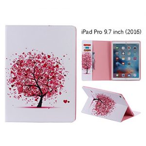Leather Case for Apple iPad Pro 9.7 inch (2016), Aeeque® Ultra Slim Thin Premium Flip [Card Slots with Magnetic Closure] Colorful Style Pattern Faux PU Wallet Cover Protective - Red Tree Love Heart