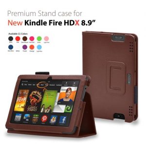 CaseGuru Amazon Kindle Fire HDX 8.9 inch Leather Case Cover and Flip Stand Wallet Plus Capacitive Stylus Pen (Brown)