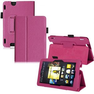 for Amazon Kindle Fire HDX, Internet 7 InchLeather Folio Stand Cover Case (Hot Pink)
