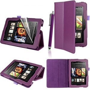 Executive PU Leather Amazon Kindle Fire HDX 7 inch 2013 Case Cover Multi Function Standby Bi-Fold Stand with Built-in Magnet for Sleep / Wake Feature + Screen Protector + Stylus Touch Pen for New Kindle Fire HDX 7-inch 2013 Tablet (Not for Kindle Fire HD 2013 or 2012 Model) - Purple