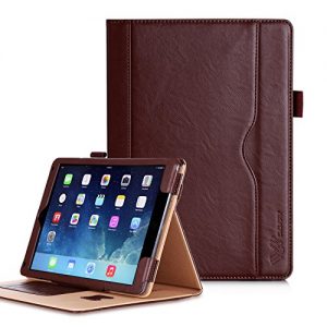 iPad Air 2 / iPad Air Case, SAVFY iPad 5 / iPad 6 Multi Function Leather Case with Velcro Hand Strap, Card Slots, Pocket, Premium Folio Slim PU Leather Case Auto Wake/Sleep Stand Smart Cover Brown