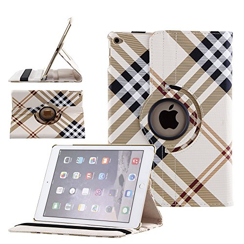 360 Degrees Rotating PU Leather Case Smart Cover Stand for iPad Air 2 (iPad 6) 2014 Model Tablet Case w Stylus Pen (Yellow Plaid Pattern)