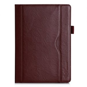 iPad Air 2 / iPad Air Case, SAVFY iPad 5 / iPad 6 Multi Function Leather Case with Velcro Hand Strap, Card Slots, Pocket, Premium Folio Slim PU Leather Case Auto Wake/Sleep Stand Smart Cover Brown