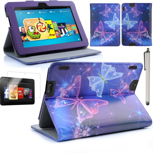 Juju Village New Amazon Kindle Fire HDX 7" 7 inch 2013 PU Leather Front & Back Case / Smart Cover / Typing & Viewing Stand / Flip Case (Fits Versions - 16GB, 32GB & 64GB Wi-Fi + 4G LTE) With Magnetic Sleep Sensor & Screen Protector Shield Guard & Amazon Kindle Fire HDX Tablet Stylus (Electric Butterfly Blue Purple) Juju Village New Amazon Kindle Fire HDX 7" 7 inch 2013 PU Leather Front & Back Case / Smart Cover / Typing & Viewing Stand / Flip Case (Fits Versions - 16GB, 32GB & 64GB Wi-Fi + 4G LTE) With Magnetic Sleep Sensor & Screen Protector Shield Guard & Amazon Kindle Fire HDX Tablet Stylus (Electric Butterfly Blue Purple)