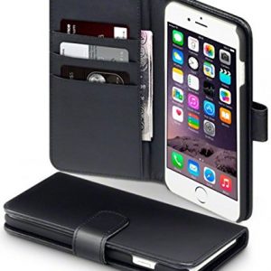 iPhone 6/6s Wallet Case, The Keep Talking Shop® Black Real Leather Luscious Leather Phone Case Cover & 2 Screen Protectors