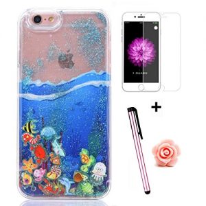 Tebeyy Liquid Case for iPhone 6 Plus / 6S Plus,Crystal Clear Hard Case with 3D Flowing Liquid Creative Undersea World Design for iPhone 6S Plus,Floating Sparkle Bling Glitter Shell Case Cover for Apple iPhone 6 Plus+Free Screen Protector+Free Flower Dust Plug+Free Stylus-Sea,Blue