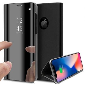 iPhone XR Case, Clear View Window Plating Stand Mirror Make UP Flip Case Cover Ultra Slim Thin Full Body Protective Case Wallet With Kickstand for iPhone XR,Black