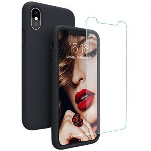 JASBON iPhone X/XS Case, Liquide Silicone Phone Case with Free Tempered Screen Gel Rubber Soft Touch Cover Full Protective Case for iPhone X/XS-Black